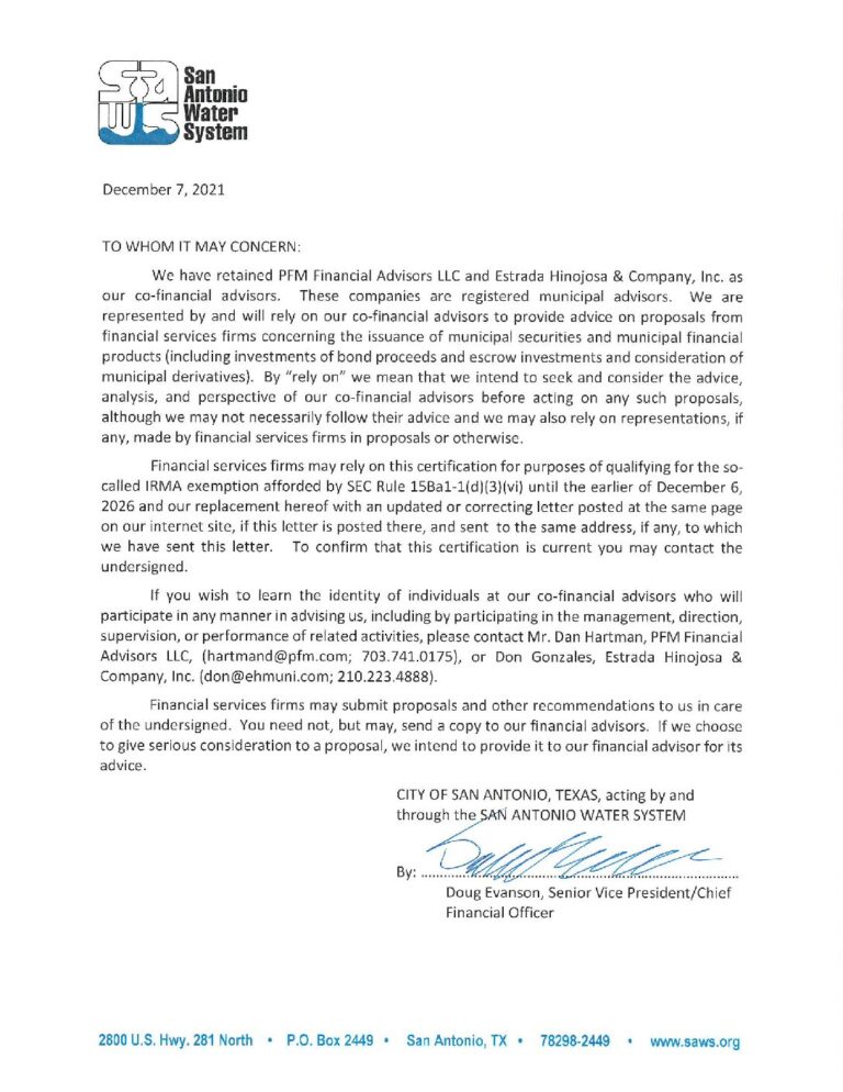 San Antonio Water System IRMA Certification Letter 12721 San
